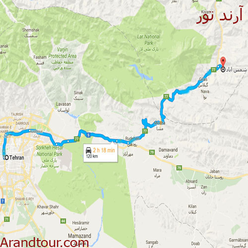 آبشار شمس آباد و آبشار لاسم تور یکروزه نقشه